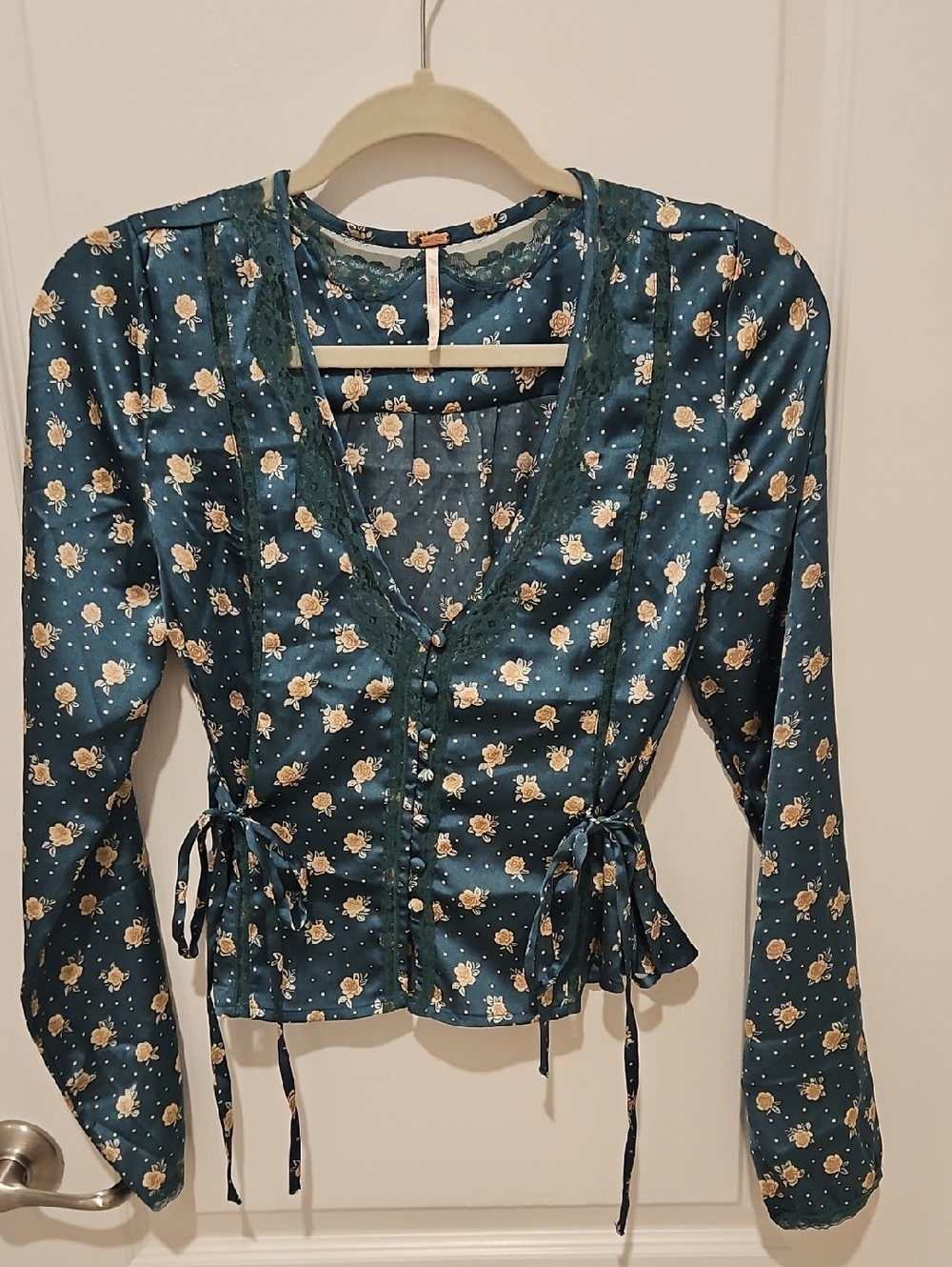 Free People Floral Satin Tie Front Blouse Lace Trim Women XS